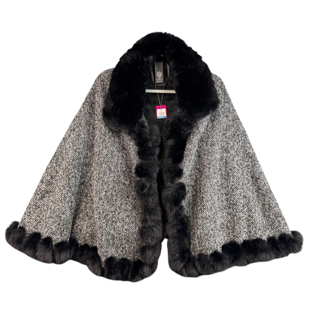 Vince Camuto Black White Marled Knit Cape Faux Fur Trim Wrap V4642365 One Size